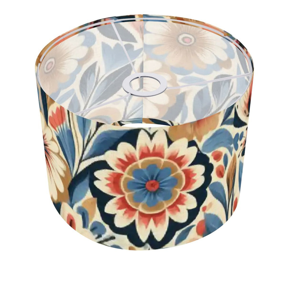 Boho floral drum lamp shade with ring in navy, coral and cream