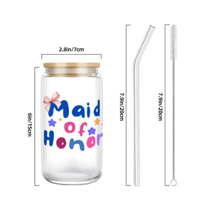 Maid of Honor Glass Tumbler with Straw & Bamboo Lid  (16oz), Bridal Party Gift, 16 ounce glass tumbler