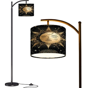 Celestial Sun & Moon Arc Floor Lamp – Boho Astrology Linen Shade with Adjustable Arm | Made in USA