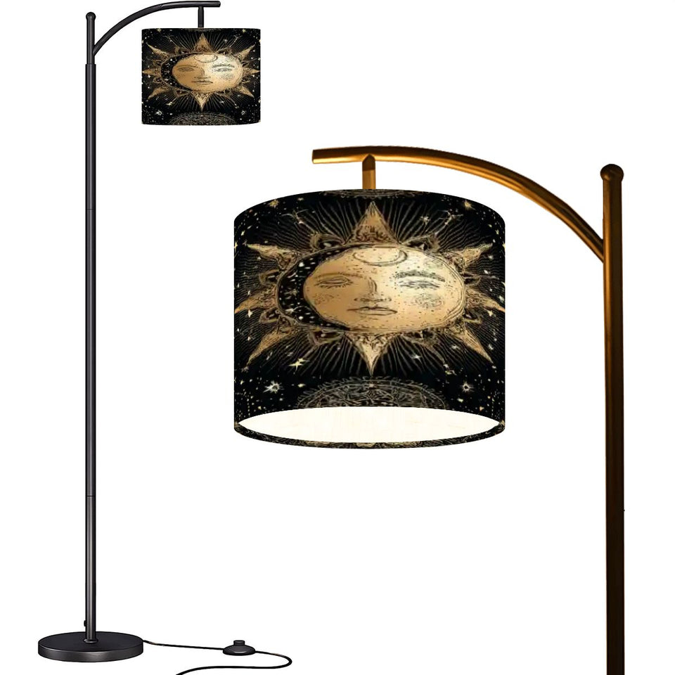 Celestial Sun & Moon Arc Floor Lamp – Boho Astrology Linen Shade with Adjustable Arm | Made in USA