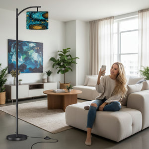 Celestial Blue & Gold Arc Floor Lamp – Astrology Moon & Sun Linen Shade | Adjustable Remote-Control Light | Made in USA