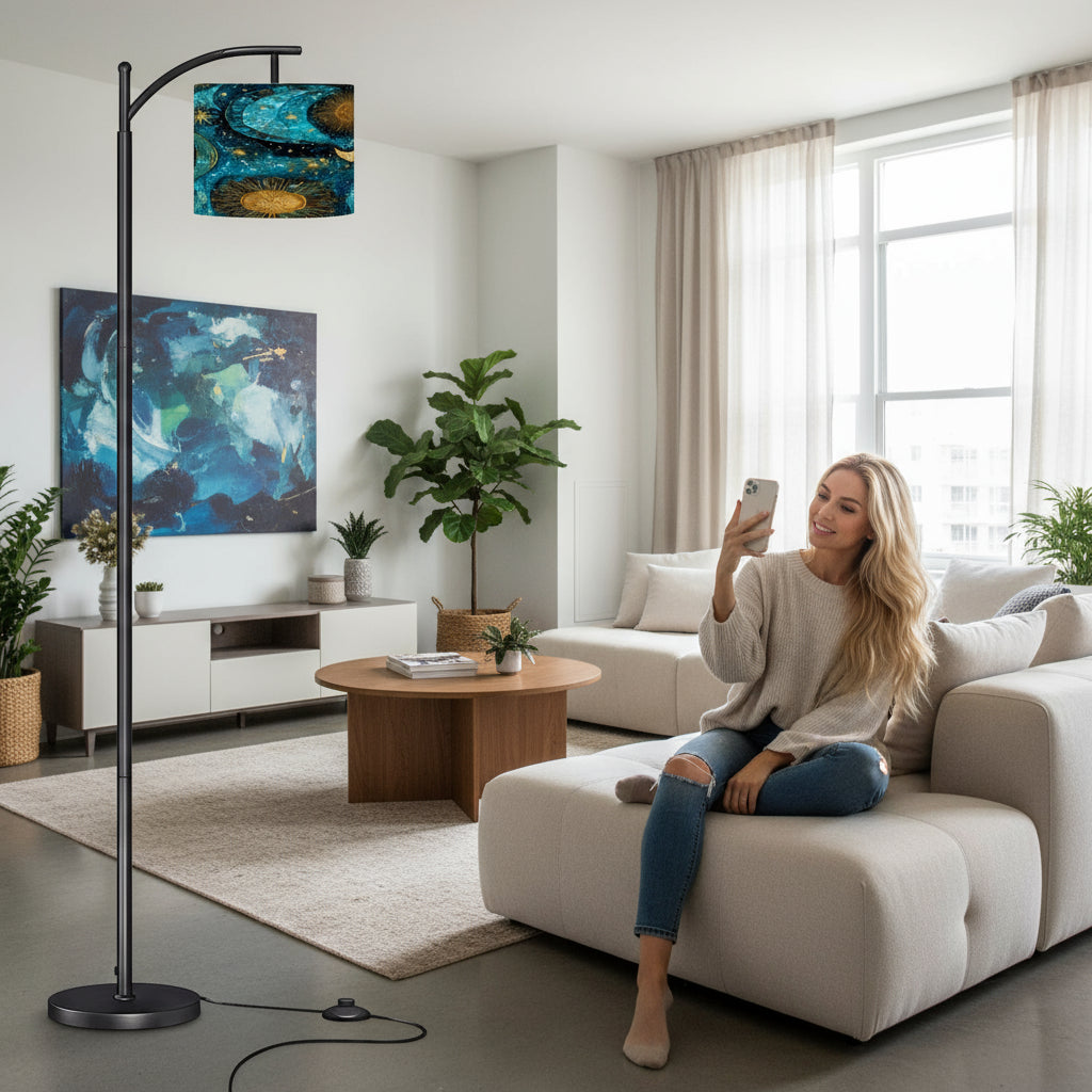 Celestial Blue & Gold Arc Floor Lamp – Astrology Moon & Sun Linen Shade | Adjustable Remote-Control Light | Made in USA