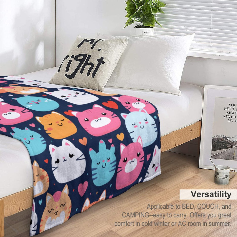 Cozy Cartoon Cat Blanket, Cozy Gift Idea, 280gsm Flannel Blanket-50"x60" (Dual-sided Printing)