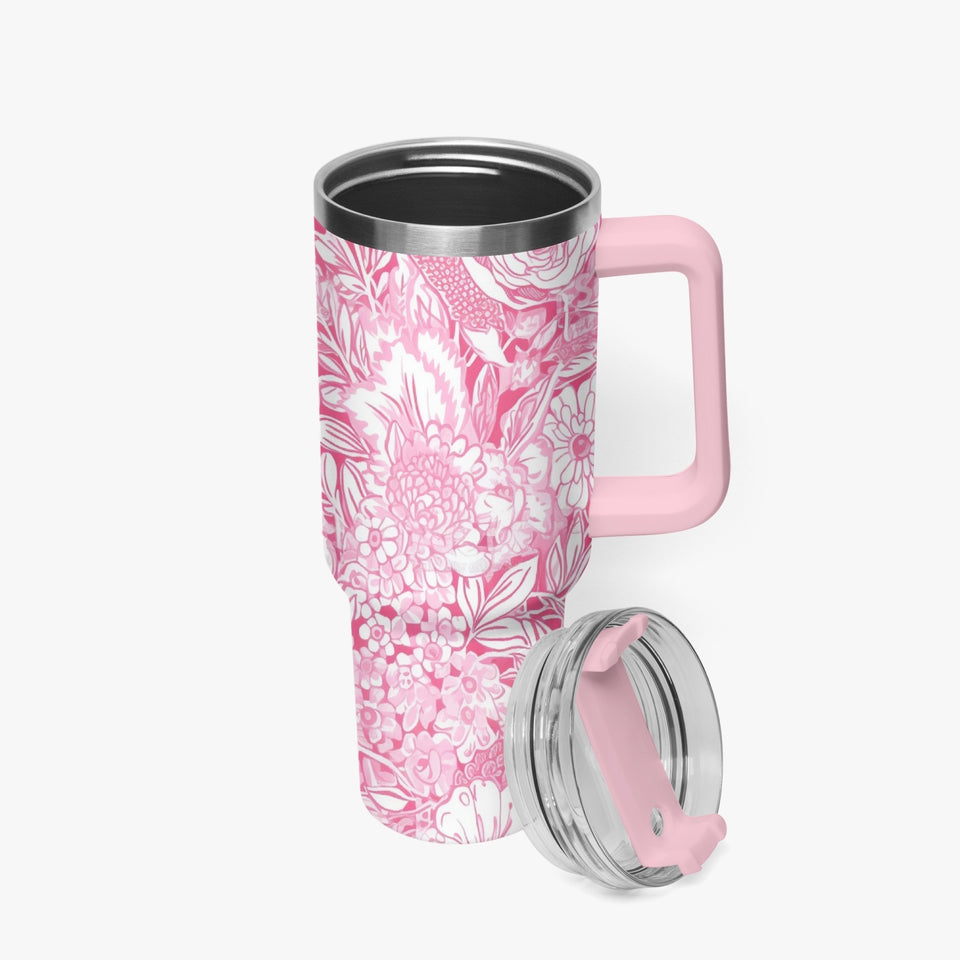 Pink and White Floral Design Pattern 40oz Car Tumbler Cup, Large Water Tumbler with Handle, Gift Idea for Christmas, Birthday, Bestie, Coworker