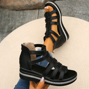 Cutout Rhinestone Trim Wedge Sandals