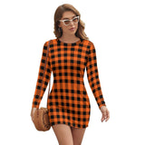 Halloween Plaid Orange and Black Long Sleeve Dress JJ1207 (All-Over Printing)