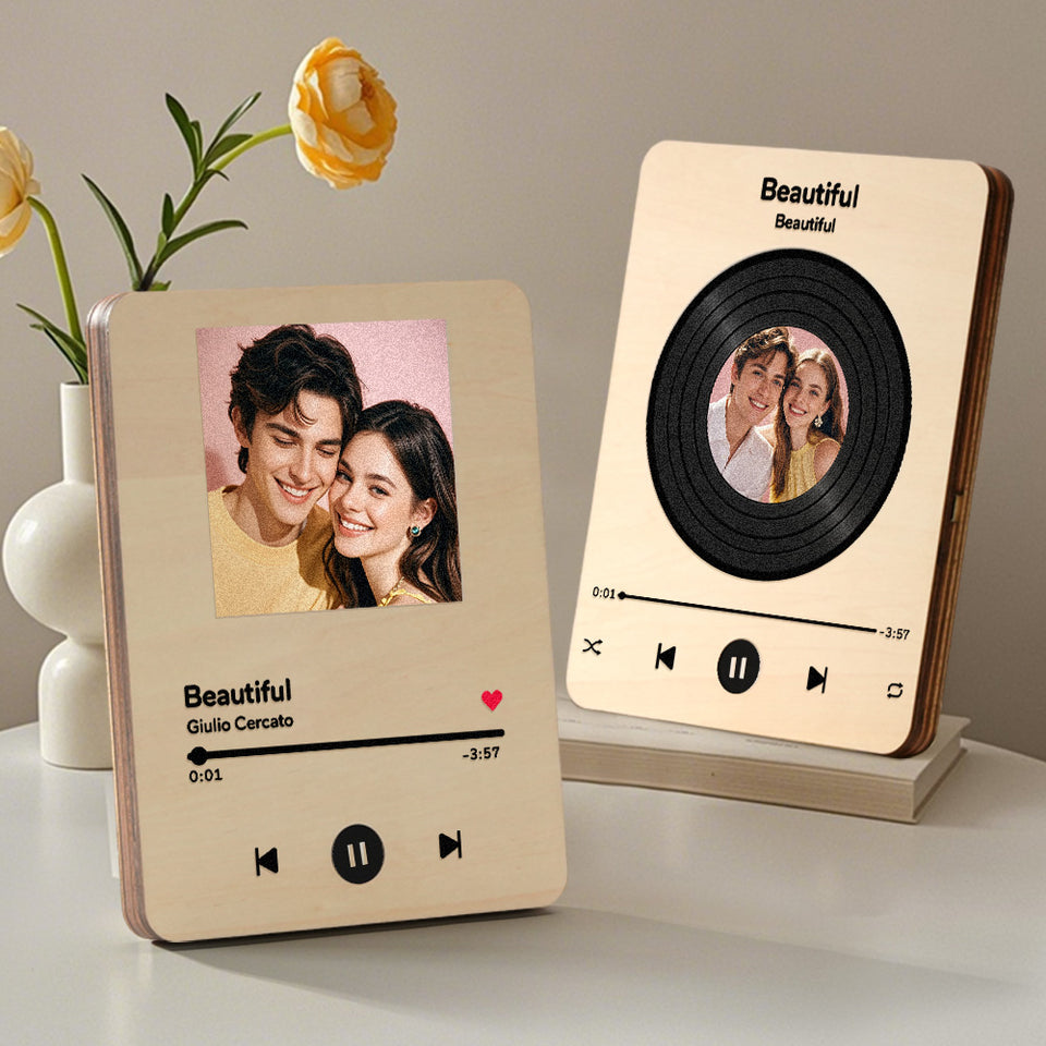 Personalized Photo Wooden Music Record Player Wedding Anniversary Gift for Couples