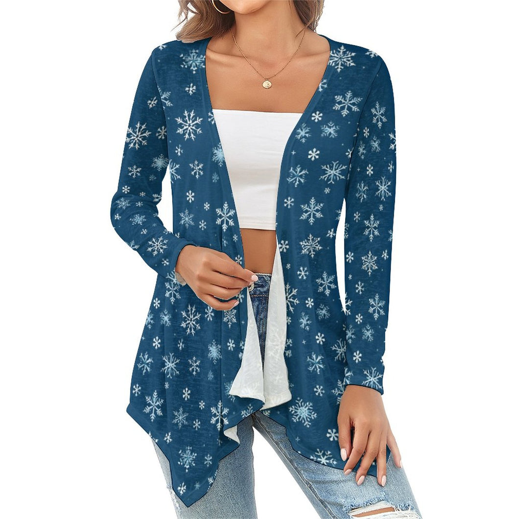 Holiday Snowflake Cardigan, Drop Shoulder Women's Open Shirt with Irregular Hem  (All-Over Printing), Trendy Cardigan, Christmas Apparel