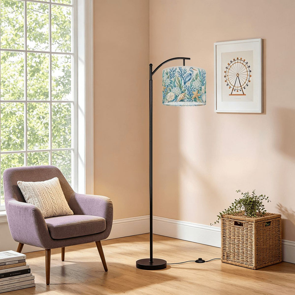 Blue coastal chinoiserie arc floor lamp with heron, coral and starfish print shade – view 5