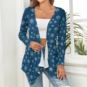 Holiday Snowflake Cardigan, Drop Shoulder Women's Open Shirt with Irregular Hem  (All-Over Printing), Trendy Cardigan, Christmas Apparel