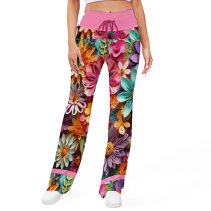 Colorful Floral Pattern Drawstring Yoga Pants  with Straight Baggy (All-Over Printing)