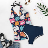 Cartoon Cats Pattern 2-Piece Women's Halter Tankini 48KA01 (All-Over Printing), Cute Bathing suit, Summer swimwear