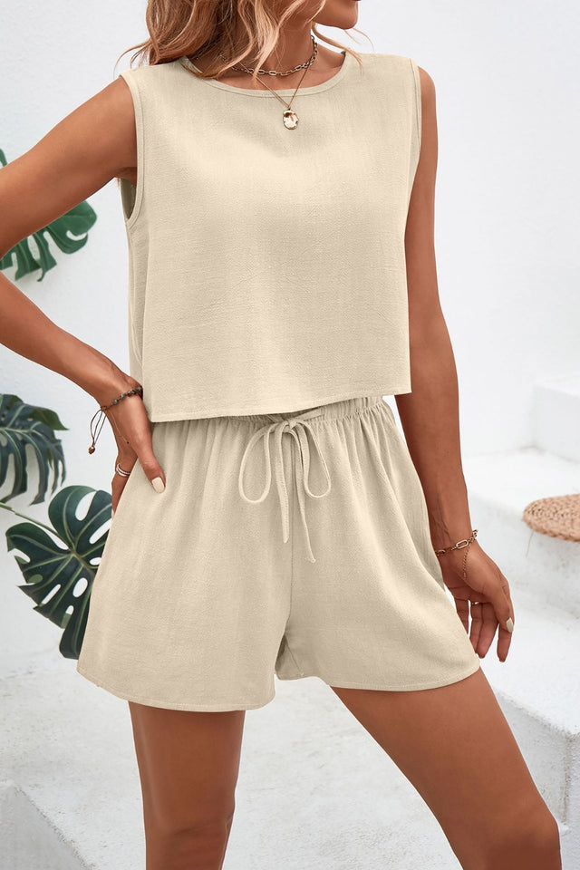 Round Neck Top and Drawstring Shorts Set