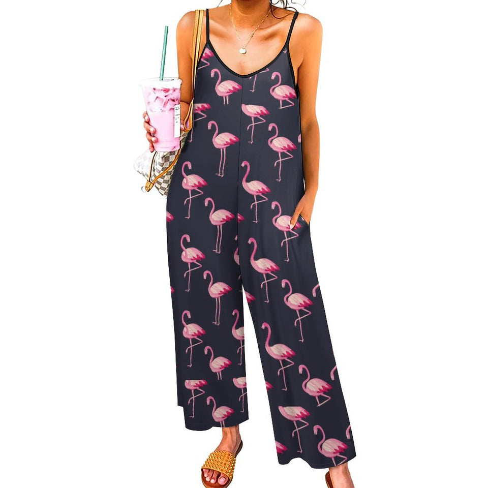 Flamingo Pattern Suspender Jumpsuit LTY007 (All-Over Printing), Trendy Jumpsuit Gift for Flamingo Lover, Comfortable Summer Apparel