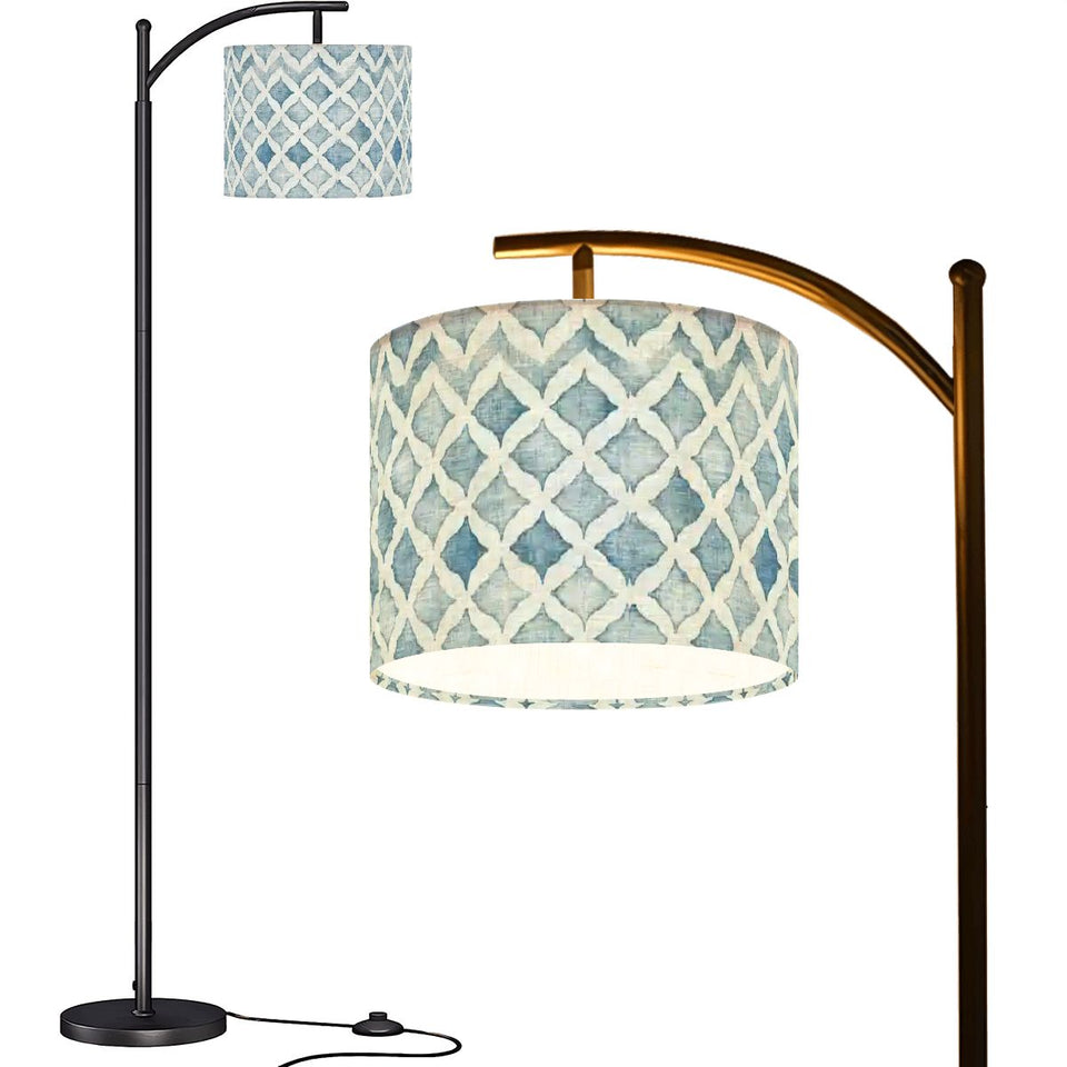 Blue and white watercolor Moroccan trellis arc floor lamp shade