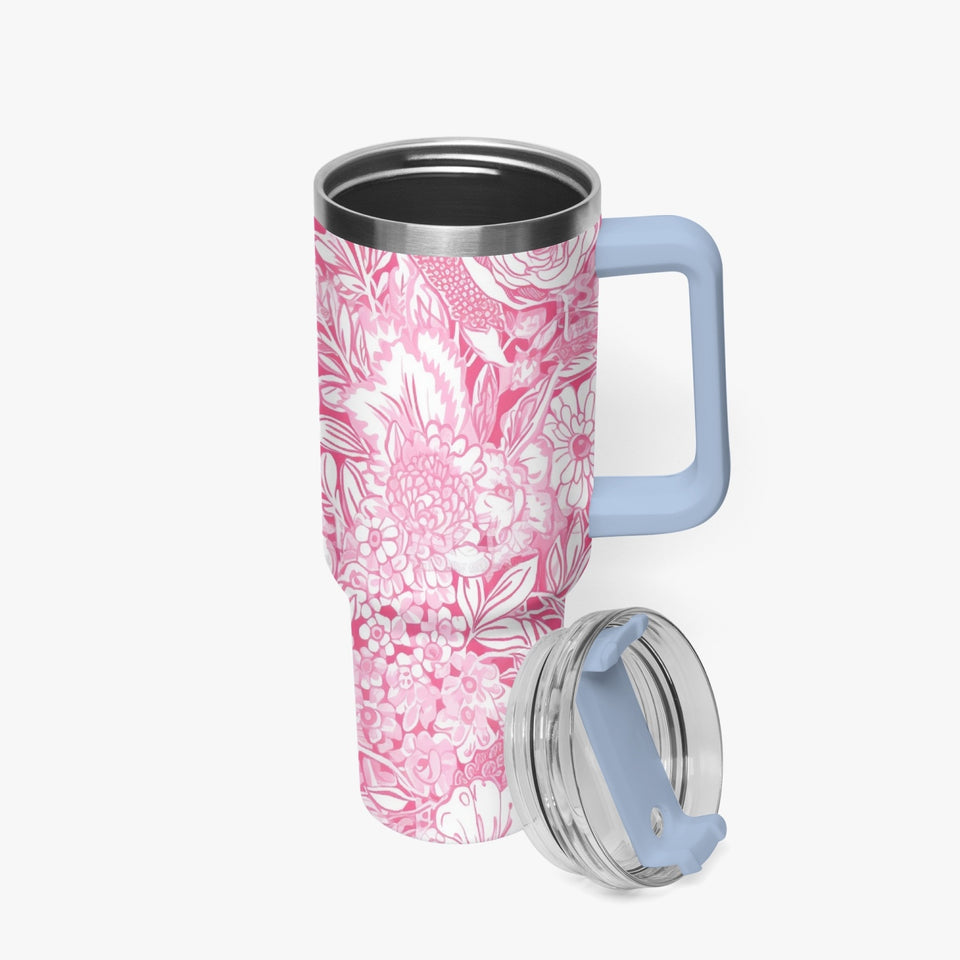 Pink and White Floral Design Pattern 40oz Car Tumbler Cup, Large Water Tumbler with Handle, Gift Idea for Christmas, Birthday, Bestie, Coworker