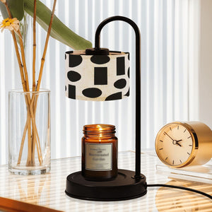 Modern Abstract Candle Warmer Lamp – Black & Cream Geometric Linen Shade | Remote-Control Adjustable Wax Melt Lamp