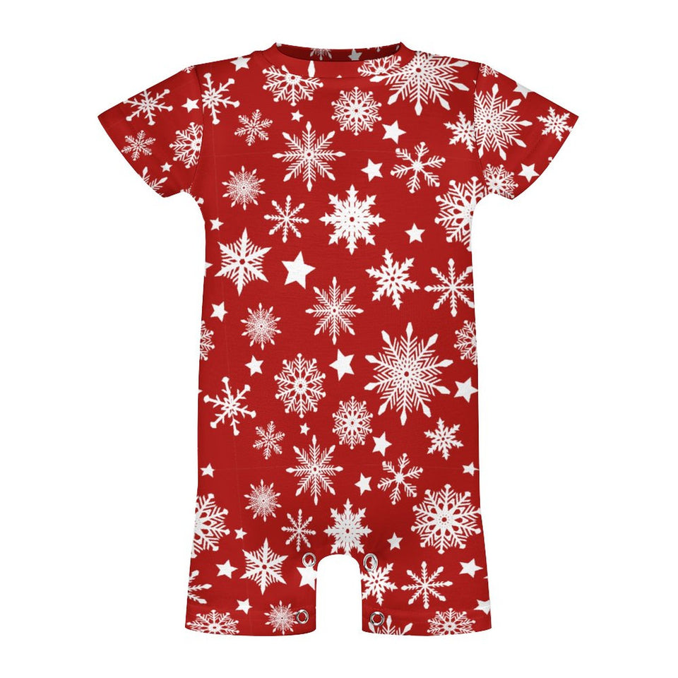 Christmas Snowflakes on a Red One Piece Romper for Baby, Holiday wear for baby ages 3 to 24 months