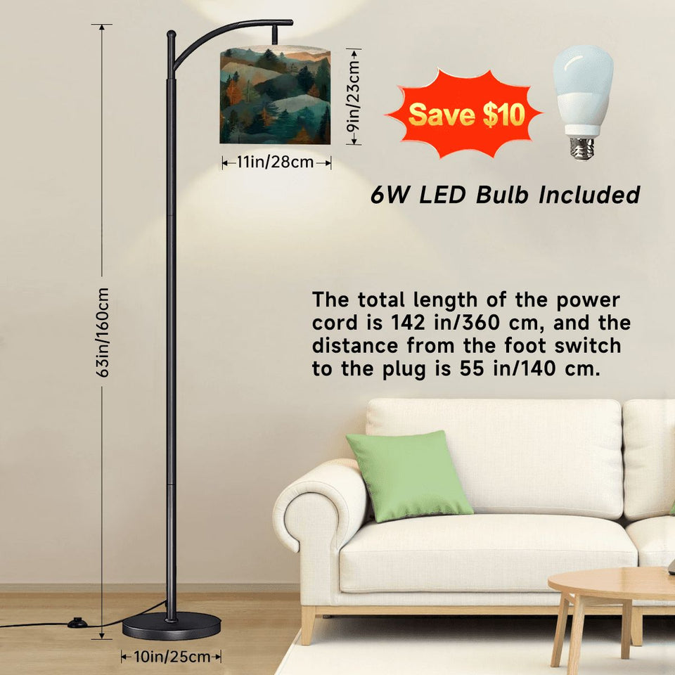 Mountain Forest Arc Floor Lamp – Scenic Woodland Lampshade, Made in USA, Rustic Nature Home Decor