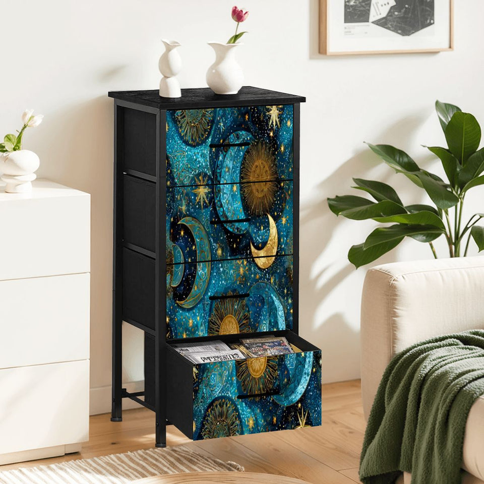 Celestial Sun & Moon 4-Drawer Dresser – Boho Cosmic Bedroom Storage Chest with Faux Leather Finish, UV Printed Stars Design, Ships from USA