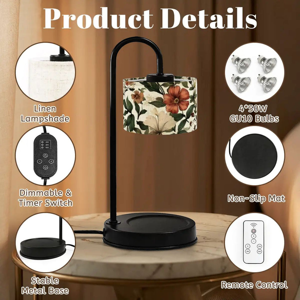 Vintage Floral Candle Warmer Lamp | Adjustable Wax Melt Lamp with Black Metal Frame | Cozy Boho Home Décor Gift