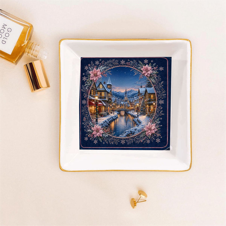 Winter village Mahjong dice dish with gold trim holding jewelry – view 5