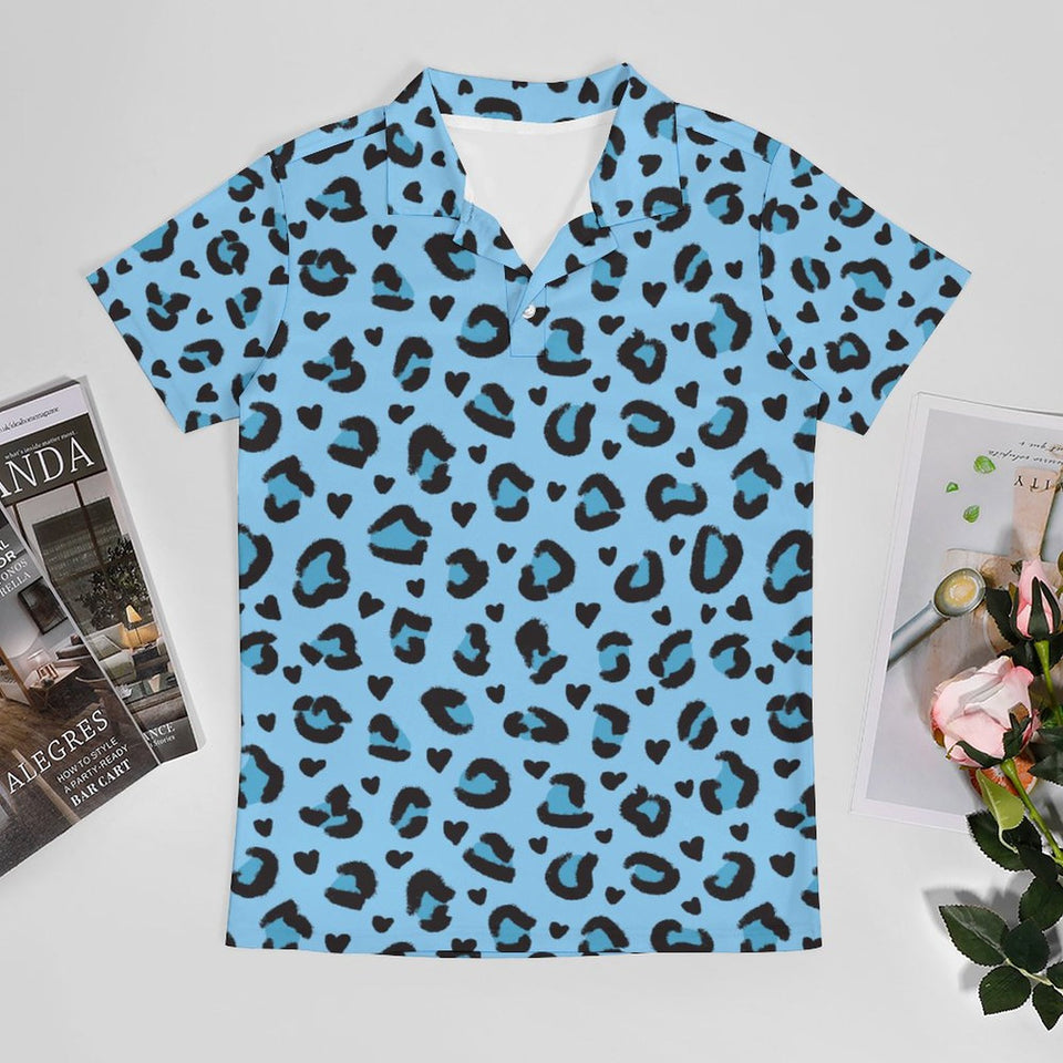 Blue Leopard All Over print Collared Short Sleeved Shirt for Kids,