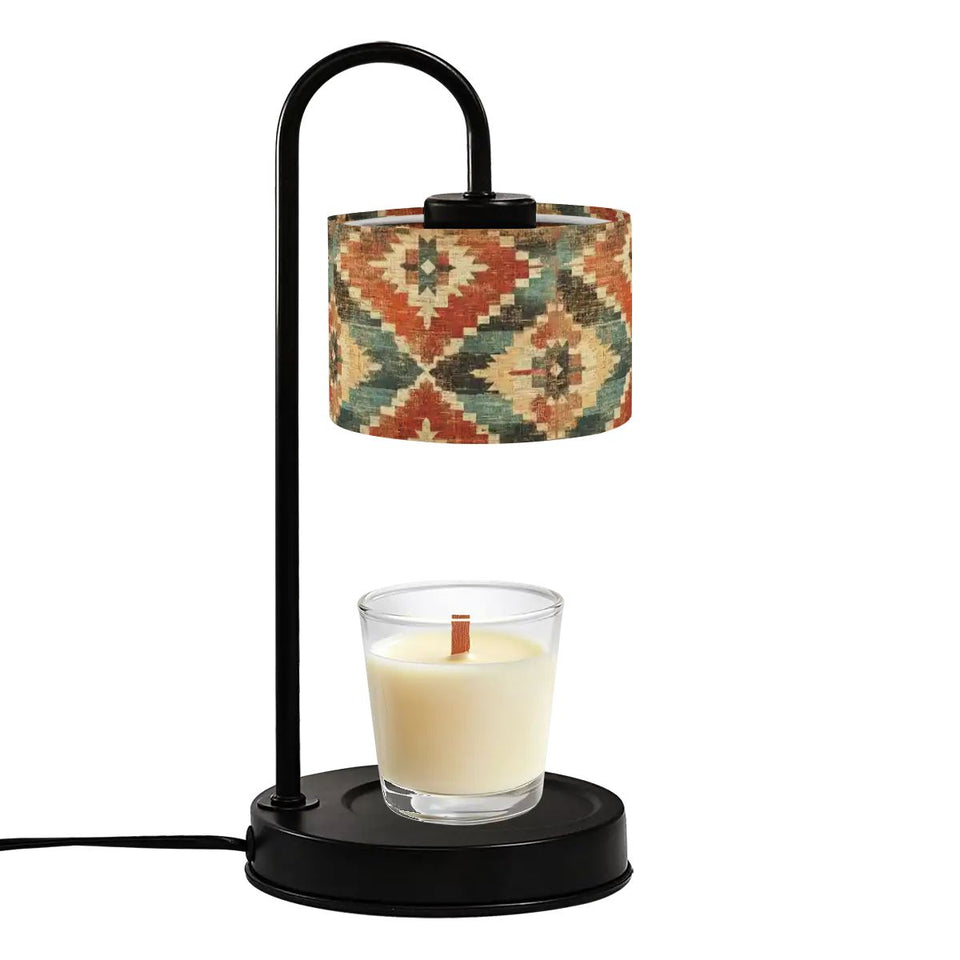 Boho Southwestern Candle Warmer Lamp – Aztec Geometric Linen Shade | Adjustable Wax Melt Lamp with Remote