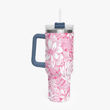 Pink and White Floral Design Pattern 40oz Car Tumbler Cup, Large Water Tumbler with Handle, Gift Idea for Christmas, Birthday, Bestie, Coworker