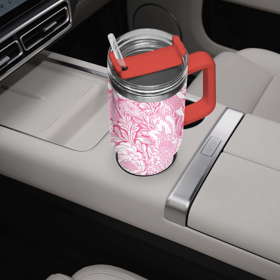 Pink and White Floral Design Pattern 40oz Car Tumbler Cup, Large Water Tumbler with Handle, Gift Idea for Christmas, Birthday, Bestie, Coworker