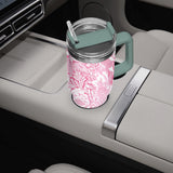 Pink and White Floral Design Pattern 40oz Car Tumbler Cup, Large Water Tumbler with Handle, Gift Idea for Christmas, Birthday, Bestie, Coworker