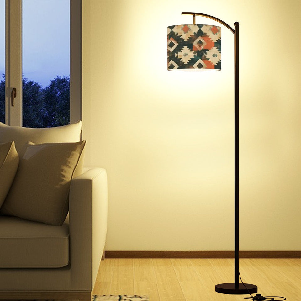 Black Metal Arc Floor Lamp with Linen Aztec Shade – Modern Boho Lighting for Living Room & Bedroom, Made In USA