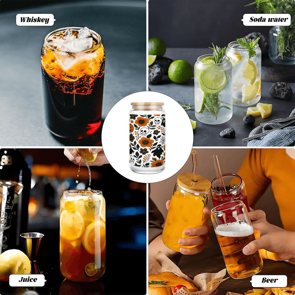 Floral Halloween Spooky Glass Tumbler with Straw & Bamboo Lid  (16oz)