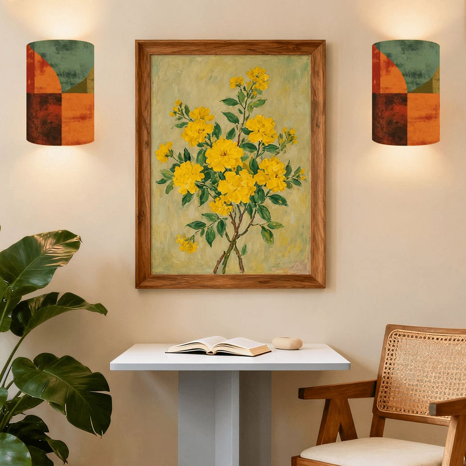 Mid-Century Modern Geometric Wall Sconce Lamp – Set of 2 Burnt Orange & Teal Linen Shade | Cordless Remote-Control Accent Light