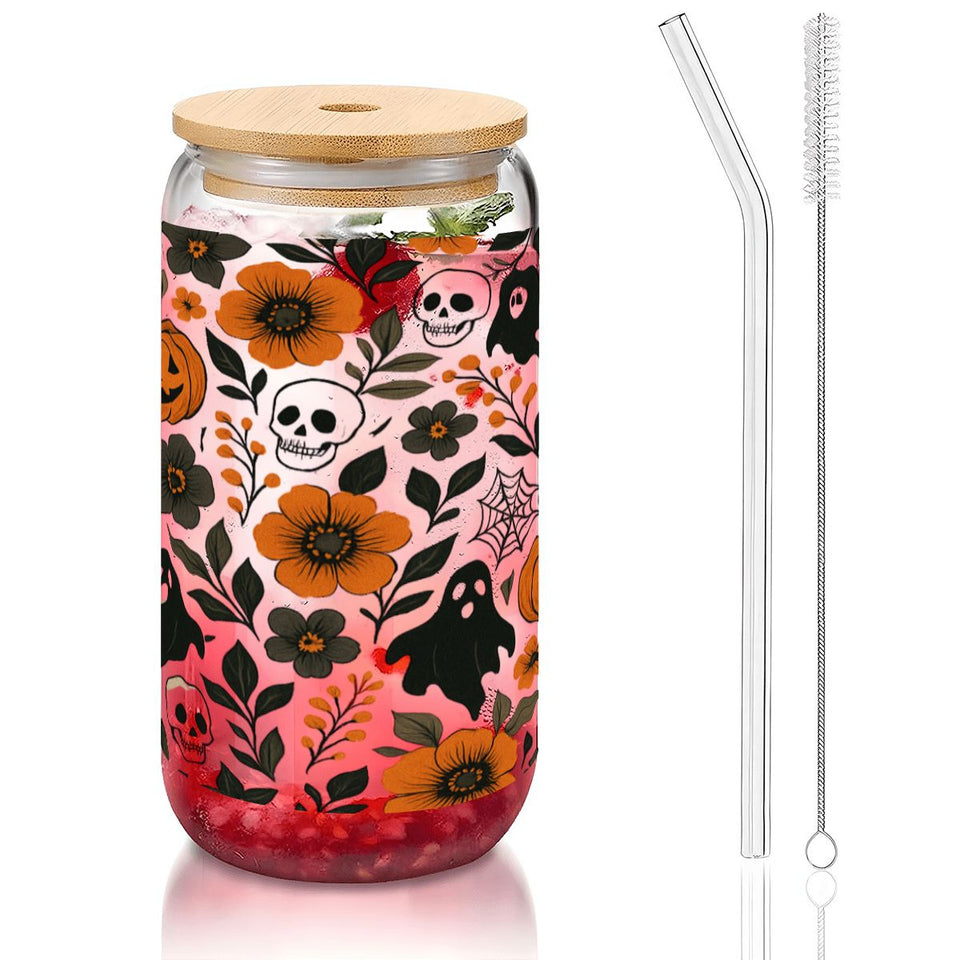 Floral Halloween Spooky Glass Tumbler with Straw & Bamboo Lid  (16oz)
