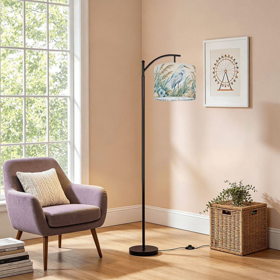 Coastal arc floor lamp with blue heron egret and beach grass print shade – view 5