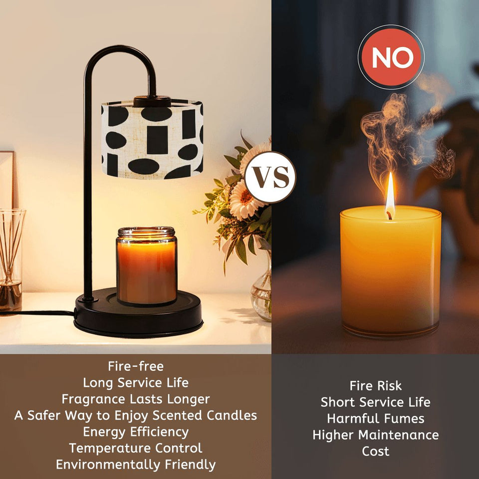 Modern Abstract Candle Warmer Lamp – Black & Cream Geometric Linen Shade | Remote-Control Adjustable Wax Melt Lamp
