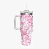 Pink and White Floral Design Pattern 40oz Car Tumbler Cup, Large Water Tumbler with Handle, Gift Idea for Christmas, Birthday, Bestie, Coworker