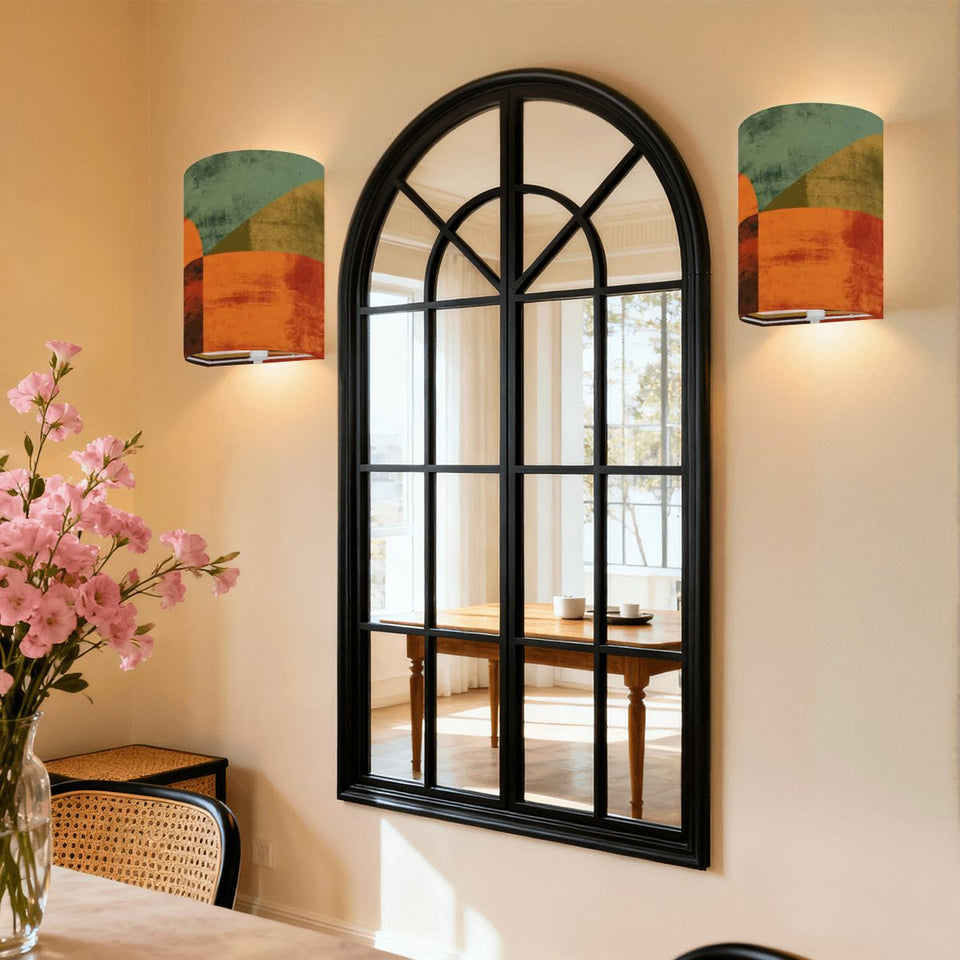 Mid-Century Modern Geometric Wall Sconce Lamp – Set of 2 Burnt Orange & Teal Linen Shade | Cordless Remote-Control Accent Light