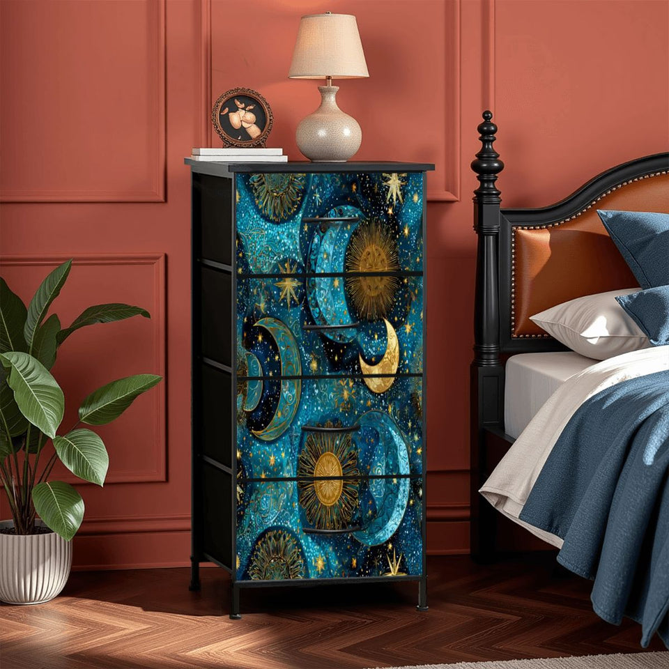 Celestial Sun & Moon 4-Drawer Dresser – Boho Cosmic Bedroom Storage Chest with Faux Leather Finish, UV Printed Stars Design, Ships from USA