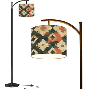 Black Metal Arc Floor Lamp with Linen Aztec Shade – Modern Boho Lighting for Living Room & Bedroom, Made In USA