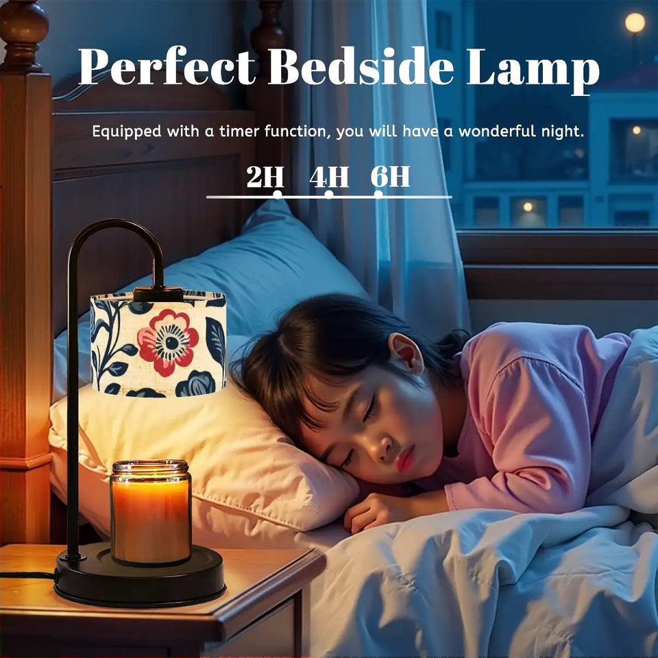 Boho Floral Candle Warmer Lamp with Linen Shade – Adjustable Heat & Remote Control