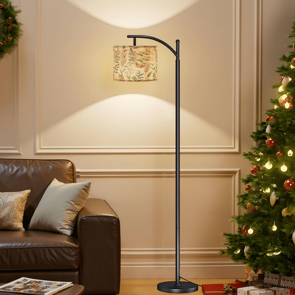 Boho Botanical Arc Floor Lamp – Beige Linen Shade with Leaf Pattern | Cozy Modern Lighting Floor Lamp (Made in USA), Home Decor Lighting, Standing Floor Lamp