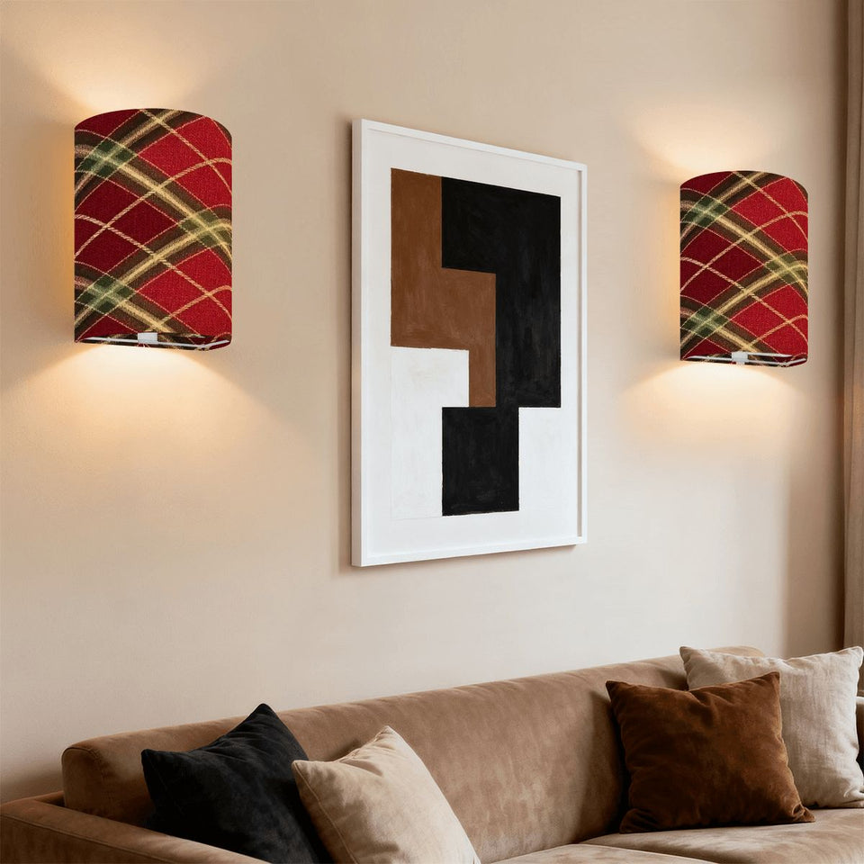 Red Plaid Linen Wall Sconce Lamp – Set of 2 Cozy Christmas Farmhouse Wall Light | Cordless Remote-Control Accent Light