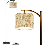 Boho Botanical Arc Floor Lamp – Beige Linen Shade with Leaf Pattern | Cozy Modern Lighting Floor Lamp (Made in USA), Home Decor Lighting, Standing Floor Lamp