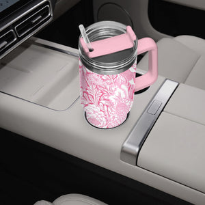 Pink and White Floral Design Pattern 40oz Car Tumbler Cup, Large Water Tumbler with Handle, Gift Idea for Christmas, Birthday, Bestie, Coworker