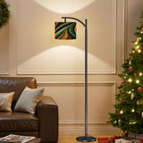 Retro 70s Style Arc Floor Lamp - Blue & Orange Psychedelic Marbled Shade - 63" Modern Standing Light - Graphic Art Decor - Made in USA