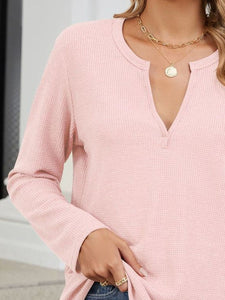 Waffle-Knit Notched Long Sleeve T-Shirt