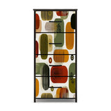 Mid-Century Modern Geometric 4-Drawer Dresser – Retro Abstract Pattern Storage Chest with Faux Leather Finish, Metal Frame & Fabric Drawers