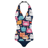 Cartoon Cats Pattern 2-Piece Women's Halter Tankini 48KA01 (All-Over Printing), Cute Bathing suit, Summer swimwear